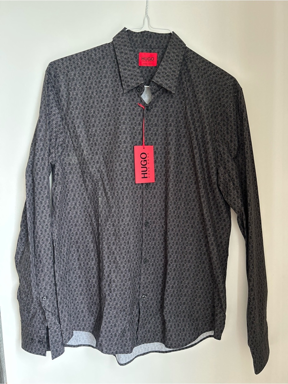 HUGO Black Micro-Pattern Long-Sleeve Dress Shirt